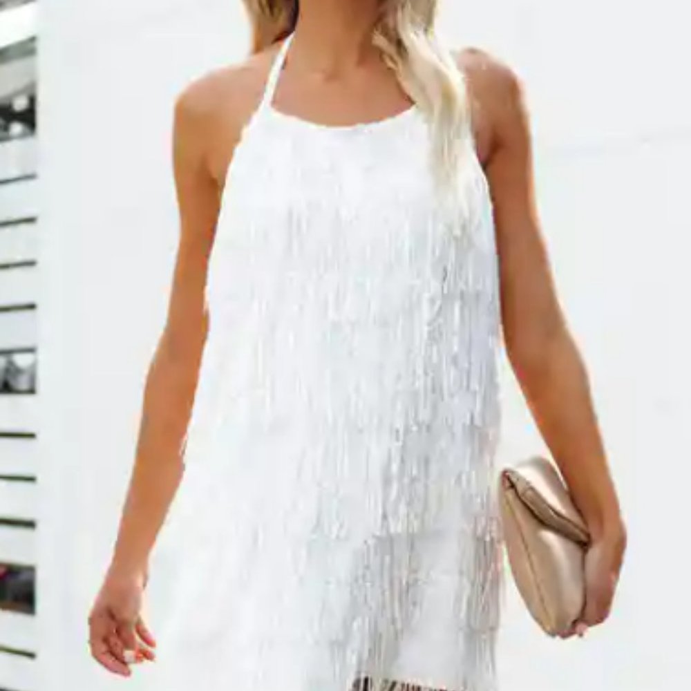 COSMIC SEQUIN FRINGE HALTER MINI DRESS - WHITE Size L